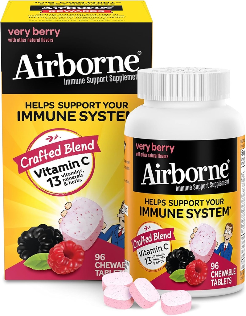 Airborne 1000mg Vitamin C Chewable Tablets con zinco, Integratore di supporto immunitario con potenti antiossidanti Vitamine A C & E - 96 compresse masticabili, Molto Berry Flavor