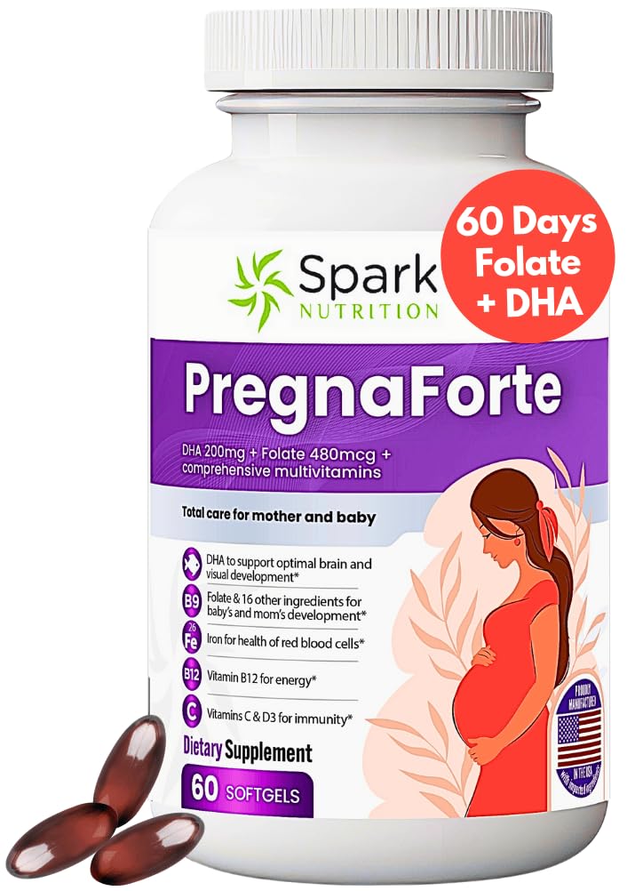 Pregnaforte 1 al giorno Vitamine prenatali per le donne 2 mesi: Acido folico, Fish Oil Omega 3 DHA/EPA, Vitamina D3, B6, Vitmain B12, C, E, Calcio, Ferro, Magnesio, Integratore di zinco FSA HSA eligble multivitamin