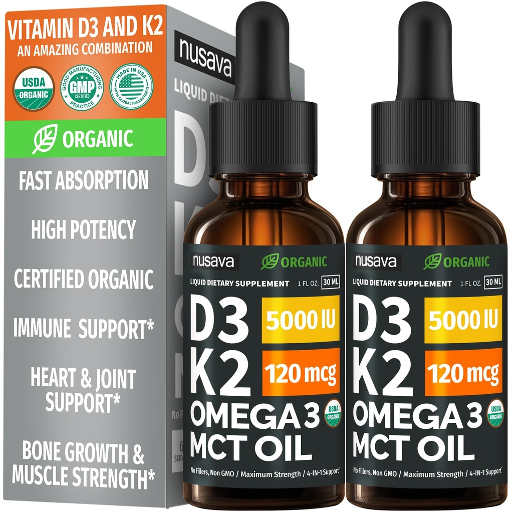 (2 Confezione) Vitamina organica D3 K2 Gocce con olio MCT Omega 3, 5000 IU — Liquid D3, Nessun Filler, Non OGM, Supporto immunitario (Unflavored, 2 Fl Oz)