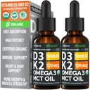 (2 Confezione) Vitamina organica D3 K2 Gocce con olio MCT Omega 3, 5000 IU — Liquid D3, Nessun Filler, Non OGM, Supporto immunitario (Unflavored, 2 Fl Oz)