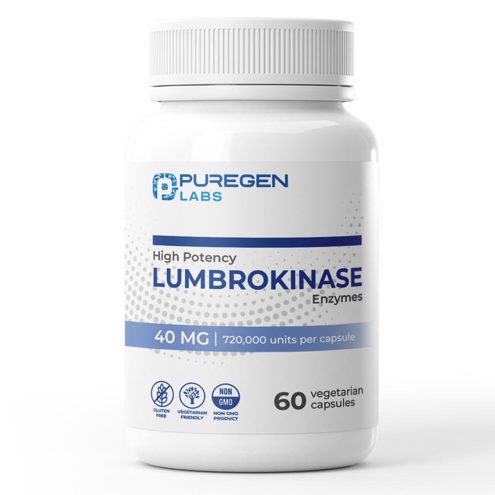 Puregen Labs Lumbrokinase 40mg per Capsule Supplemento ad alta potenza | Enzimi Lumbrokinase ad alta attività | No Harmful Additivi | Non OGM | Gluten Free | Made in USA - 60 Capsule Vegetariani