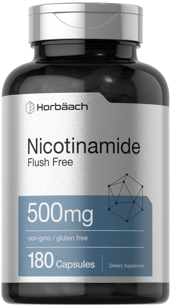 Horbäach Nicotinamide 500mg | 180 capsule | Integratore alimentare libero Flush | Non OGM e Vitamina senza glutine