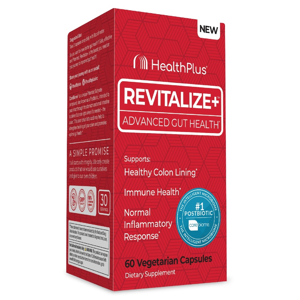 Salute Plus Revitalize+ Corebiome Tributyrin Postbiotici per la salute completa digestiva, Leaky Gut, Colon | Gut Salute Integratori per Uomini e Donne | 60 capsule, 30 Serve