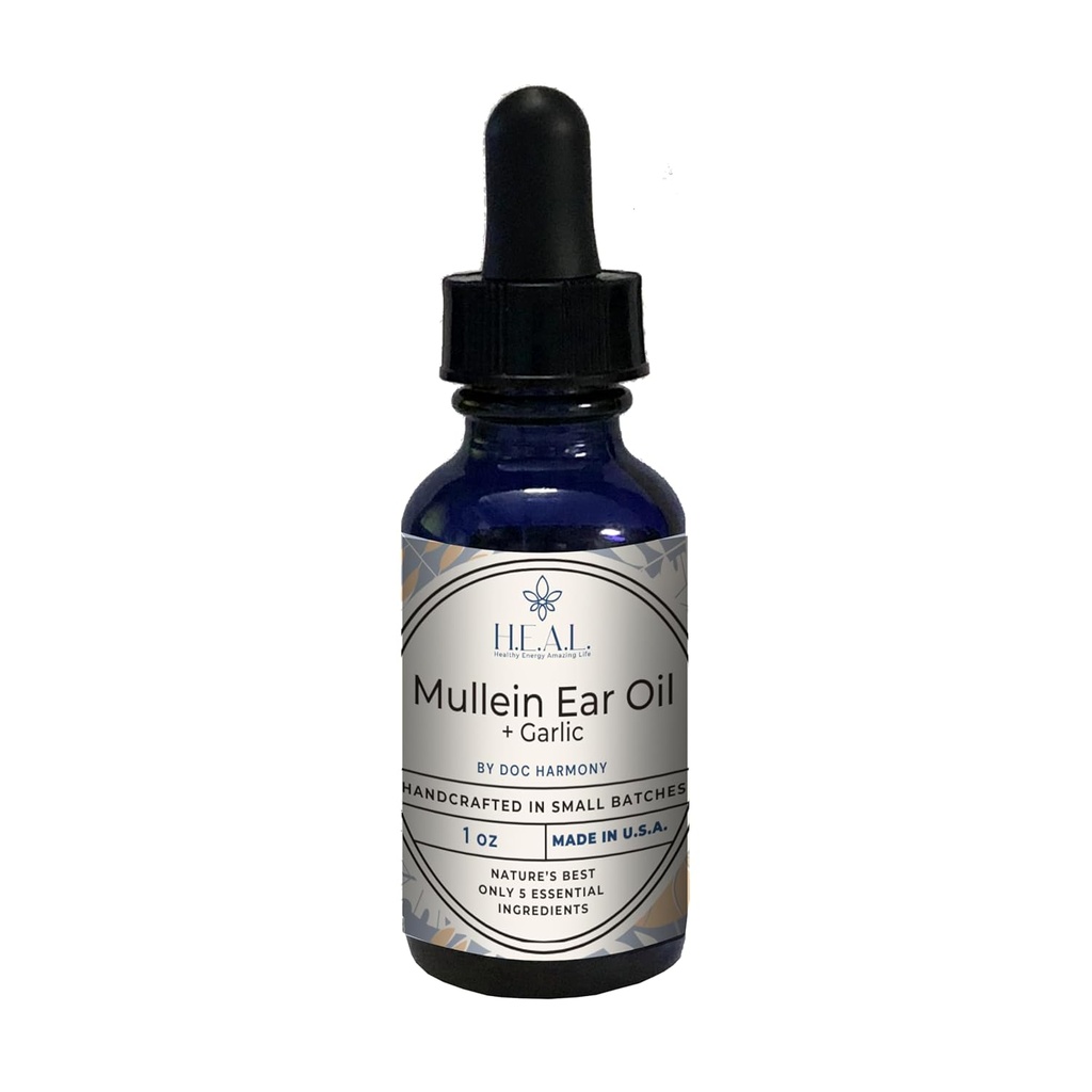 Olio d'orecchio Mullein di Harmony + Aglio Olio - 1oz per le orecchie asciutte, prurito