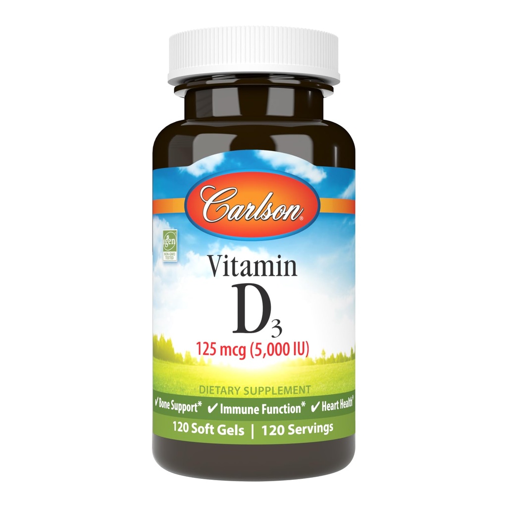 Carlson - Vitamina D3 5000 IU (125 mcg), Bone Salute, Muscolo Salute, Cholecalciferol, Integratori di vitamina D, Vitamina D3 Soft Gel, 120 Softgels