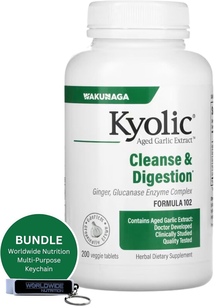 Bundle nutrizionale mondiale: Estratto di aglio Kyolic 200 compresse Veggie Formula 102 Cleanse & Digestion - Arricchito con Aglio Ginger Supplemento - 200 Contenitori con catena chiave multiplo