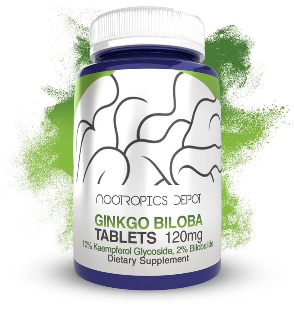 Nootropics Depot Ginkgo Biloba Extract Tablets | 120mg | 90 Count | Minimo 10% Kaempferol Glycoside + 2% Bilobalide | Maggio Aiuto Promuovere la funzione cognitiva e cardiovascolare