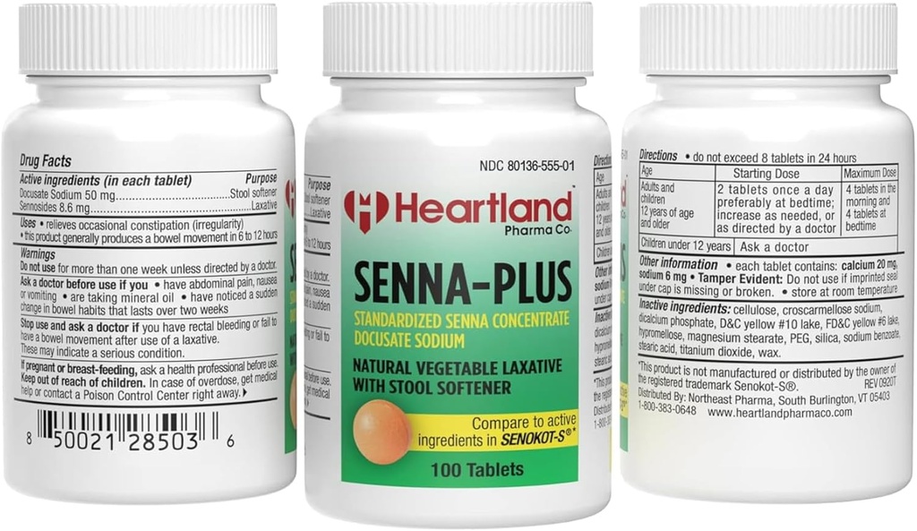 Senna-Plus Natural Vegeta Sennoside Laxative | Lassativo vegetale naturale | Rilievo di costipazione notturna | Docusate Sodio Stool Softener | 100 compresse