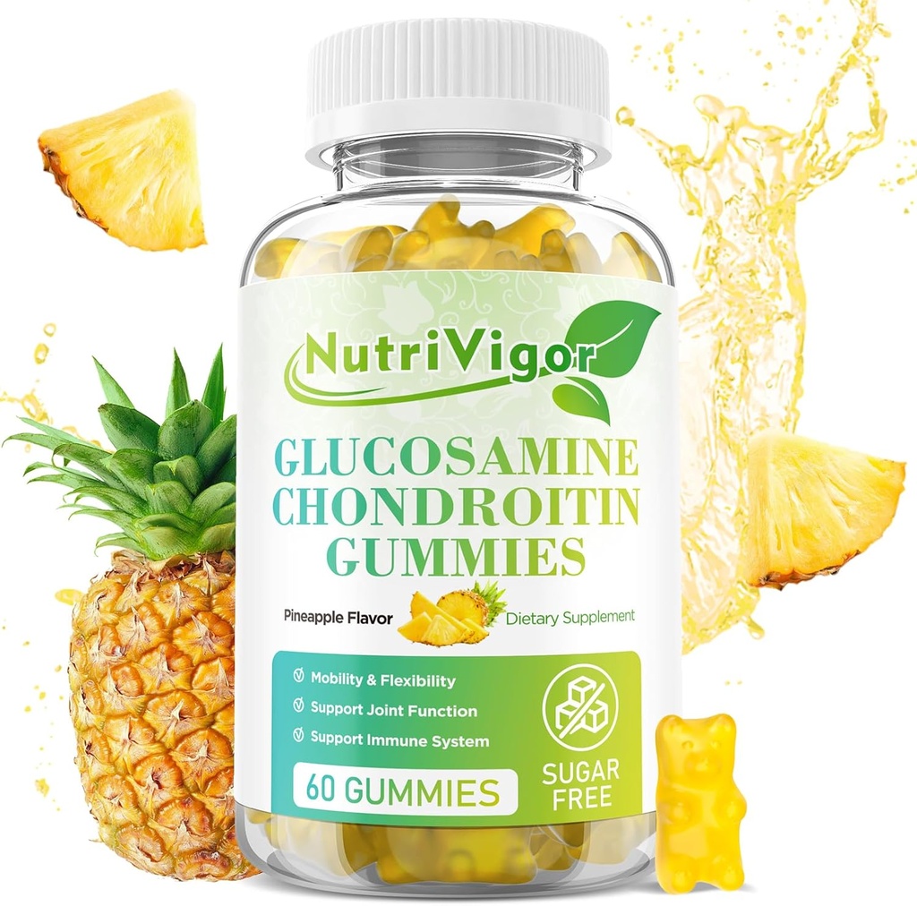 Glucosamina Condroitin Gummies, Supplemento di supporto congiunto ad alta resistenza con MSM & Elderberry, Supporto Immune Antiossidante per adulti, Sapore ananas, 60 Conte