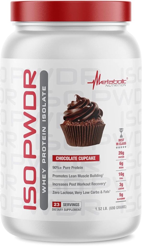 Metabolic Nutrition Whey Protein Isolate ISO PWDR Chocolate Cupcake, 1.54lb, 23 Serve, 26g Protein, Fast Digesting, Zero Carbs, Delicious Flavor, Very Low Carbs & Fat, Zero Lactose