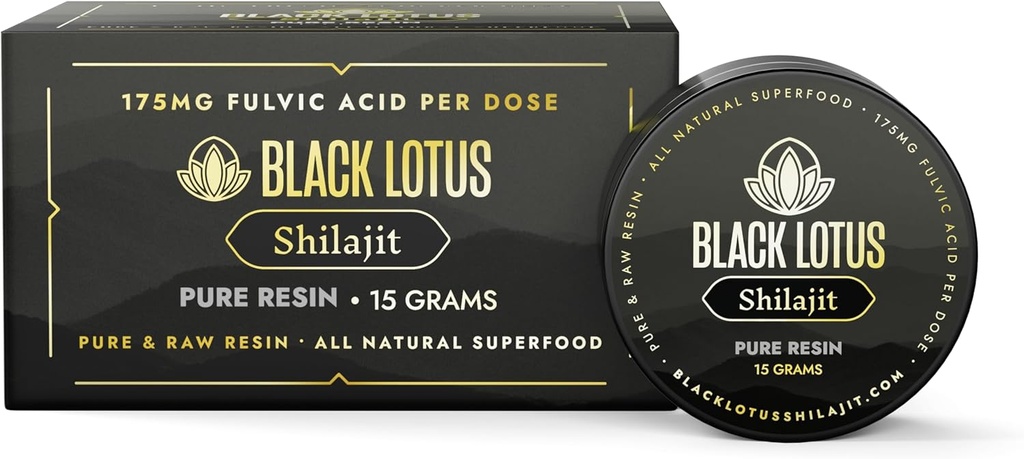 Black Lotus Pure Shilajit Resina, Supplemento per l'energia, Supporto Immune & Focus, 85 Complesso Ionic Trace Minerals, Acido Fulvico Naturale, Acido Humico, Lab Verified, Lab Verified - 15g