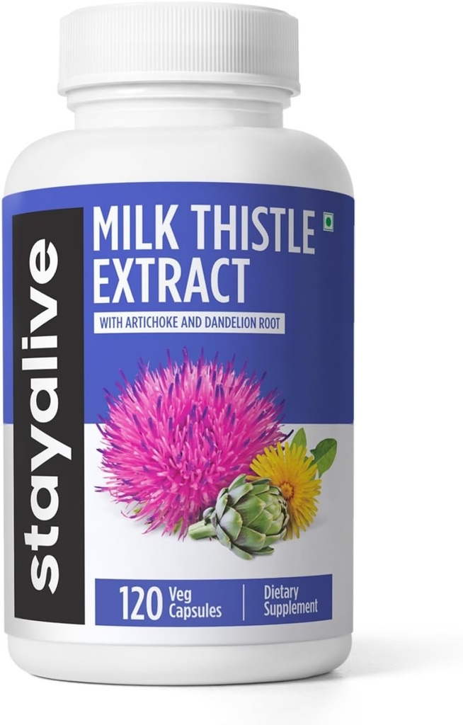Integratore di cardo del latte STAY ALIVE con estratto di radice di dadelion e carciofo, 80% Silymarin Complex, 120 pillole, polvere di estratto di foglie di carciofo puro al 100%, capsule di erbe senza glutine e non OGM
