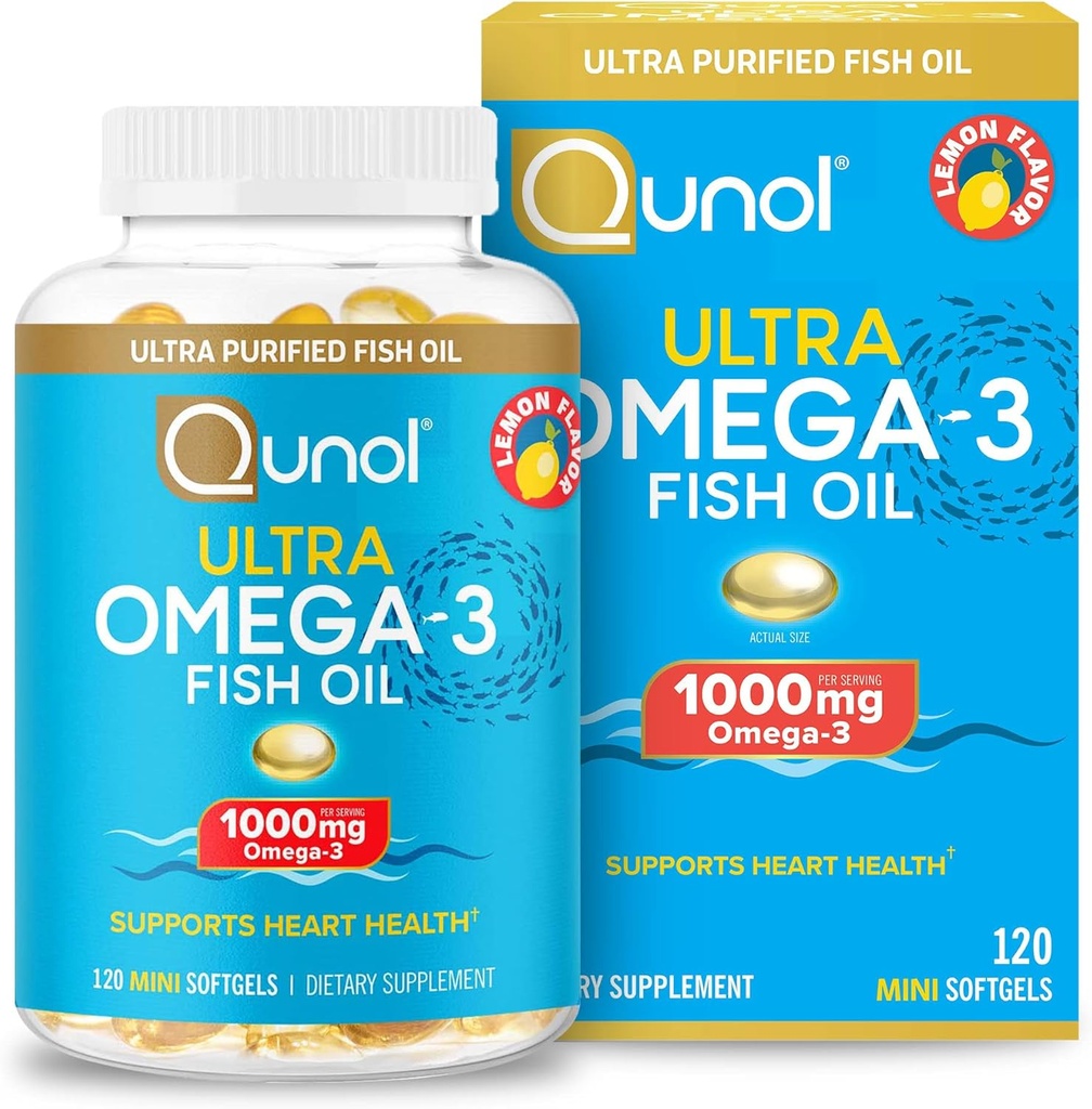 Qunol Omega 3 Fish Oil Mini Softgels, 1000mg Ultra Pure Fish Oil, Heart Health Support, Omega 3 DHA Supplementi, Limone Flavor, 2 mesi di fornitura, 120 conte