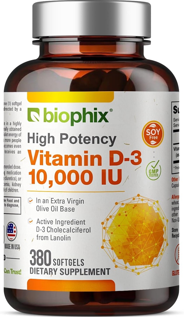 biophix Vitamin D-3 10000 IU 380 Softgels - Alta potenza in Olio Extra Vergine di Oliva Supporti Soy-Free Non OGM Forti Bones Salute Immune