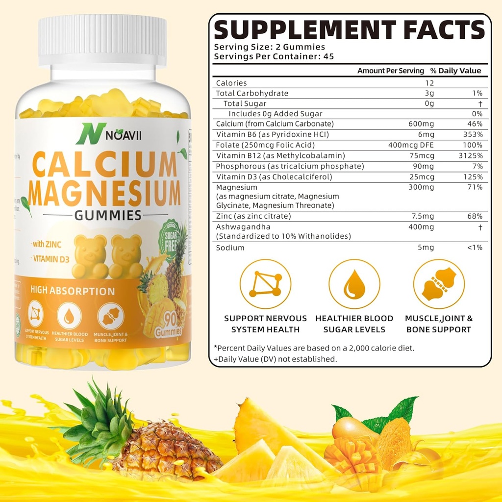 Calcium Magnesium Zinc Gummies con vitamina D3, ashwagandha Supplemento - Assorbimento potenziato ad alta potenza - Ananas Flavor-90 Conte
