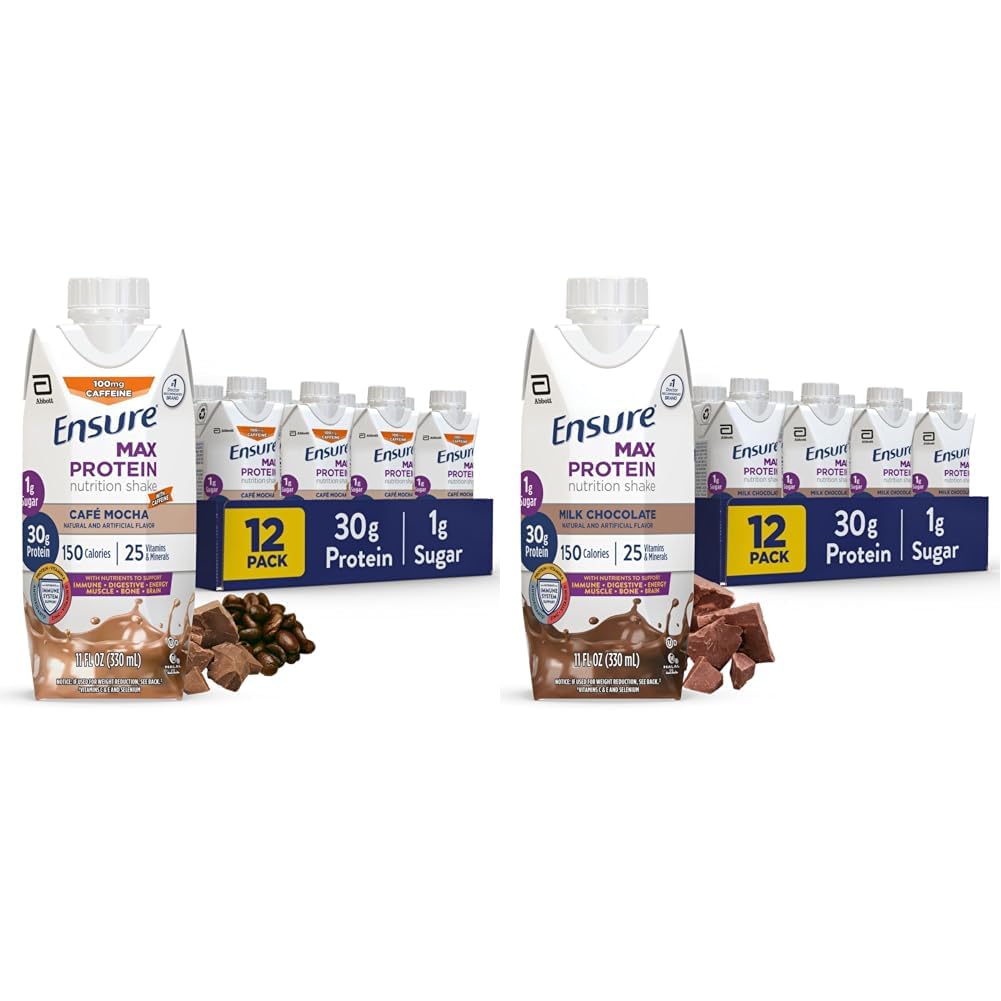 Assicurare Max Protein Nutritional Shake con 30g Protein, 25 Vitamine & Minerali, 7 Sapori tra cui Caffè Mocha e cioccolato al latte, Confezione da 12, Gluten Free