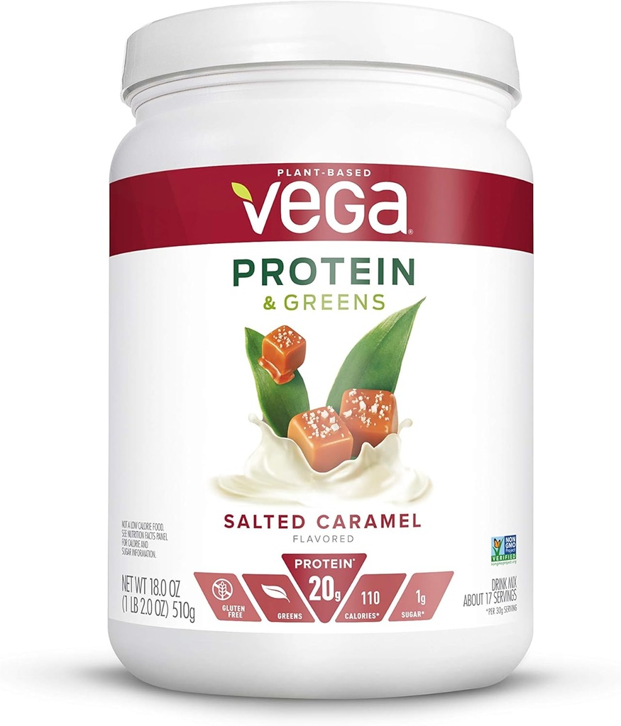 Vega Proteine e Verdi, Caramel salato, Polvere proteica vegana, 20g Proteine a base vegetale, Carbo basso, Keto, Dairy Free, Gluten Free, Non OGM, Pea Protein per le donne e gli uomini, 1.1 Pounds (17 Servings)