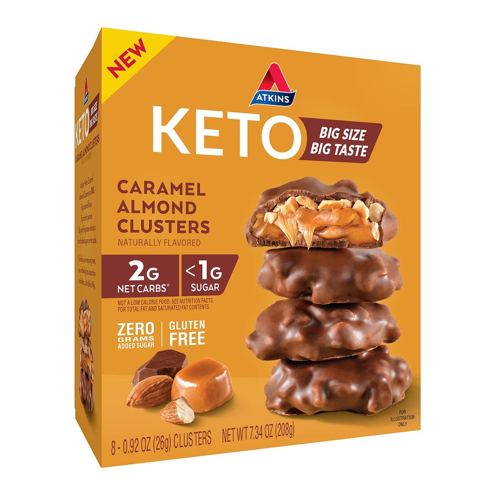 Atkins Caramel Mandorla Clusters, Senza glutine, Alta in fibra, 1g Zucchero, 2g Carburo Net, Keto Friendly, 8 Conte