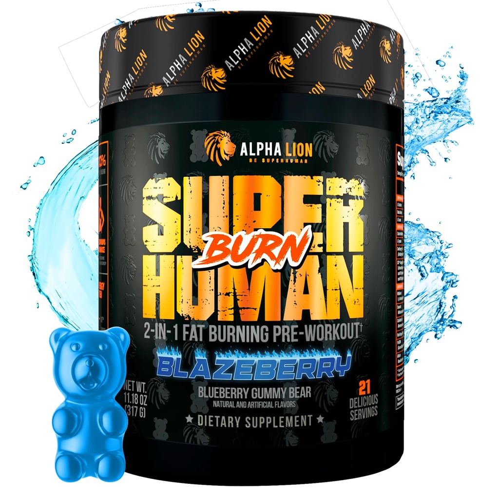 ALPHA LION Superhuman Burn – 2 in 1 Metabolismo Booster Pre allenamento e termogenic Fat Burner per gli uomini – Appetite Suppressant and Weight Loss Supplement (21 Servings, Blue Gummy Bear Flavor)
