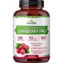 Zazzee Cranberry PACs, 72 mg PACs per Capsule, 2X Strength, 100% Soluble, 120 Vegan Capsules, 50:1 Extract, 18.200 mg Strength, Fast-Acting, Efficace Urinary Tract Support, Made in the USA