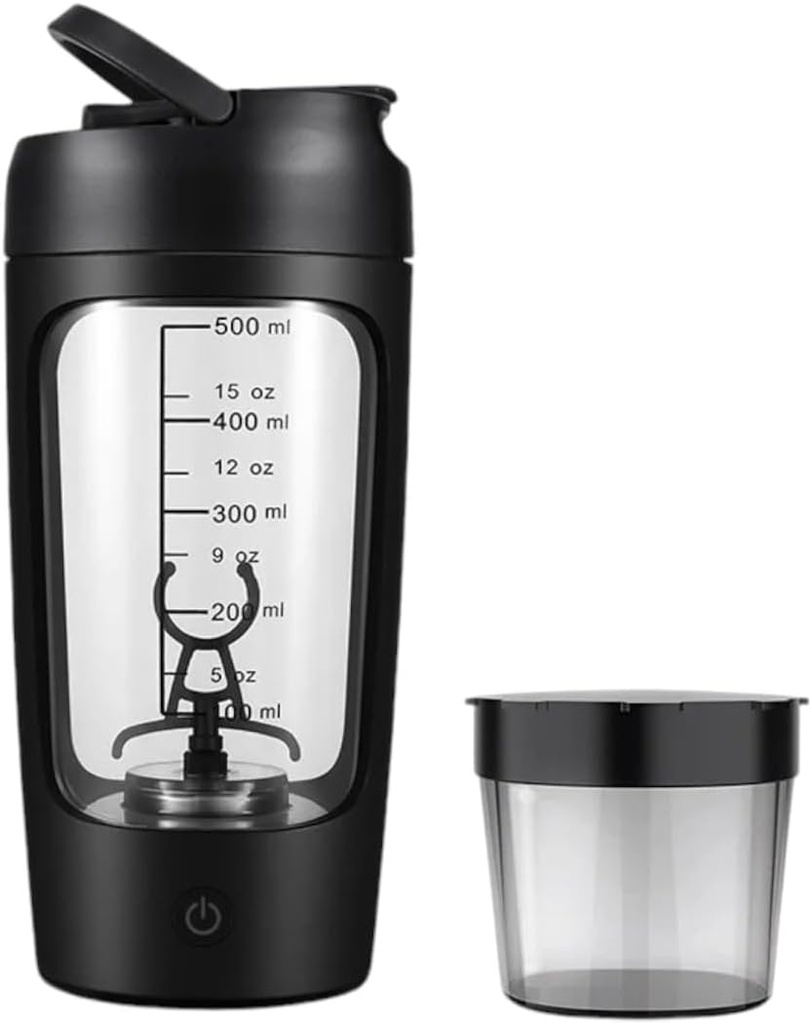 Bottiglia di Shaker proteico portatile elettrica per miscele di liscio | w/FREE PROTEIN POWDER CUP | Bottiglia Premium realizzata in Tritan – BPA Free | 650 ml | ricaricabile per GYM & Sports Enthusiast. (Nero)