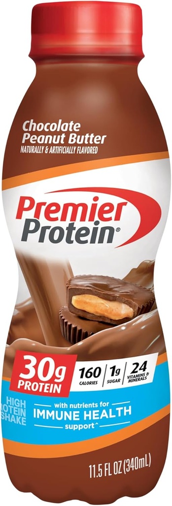 Premier Protein Shake, Burro di arachidi al cioccolato, 30g Protein, 1g Zucchero, 24 Vitamine & Minerali, Nutrienti per sostenere la salute immunitaria, 11,5 Fl Oz