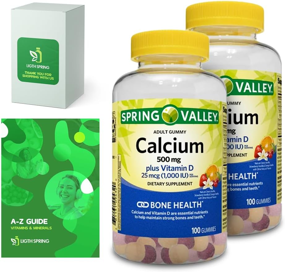 Calcium Plus Vitamina D, Adult Gummies, 500mg, 1000 IU, Assorted Flavors, 100 Ct (2 Confezione) Bundle con Vitamine Esclusive & Minerali - A to Z - Better Light&Spring Guide (3 Articoli)