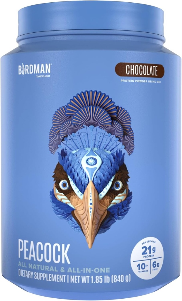 BIRDMAN Peacock Vegan Protein Powder | Agitazione completa di sostituzione a base vegetale con magnesio, vitamina D, olio MCT | Tutto in un supplemento per uomini e donne | Texture liscia | Cioccolato Flavor