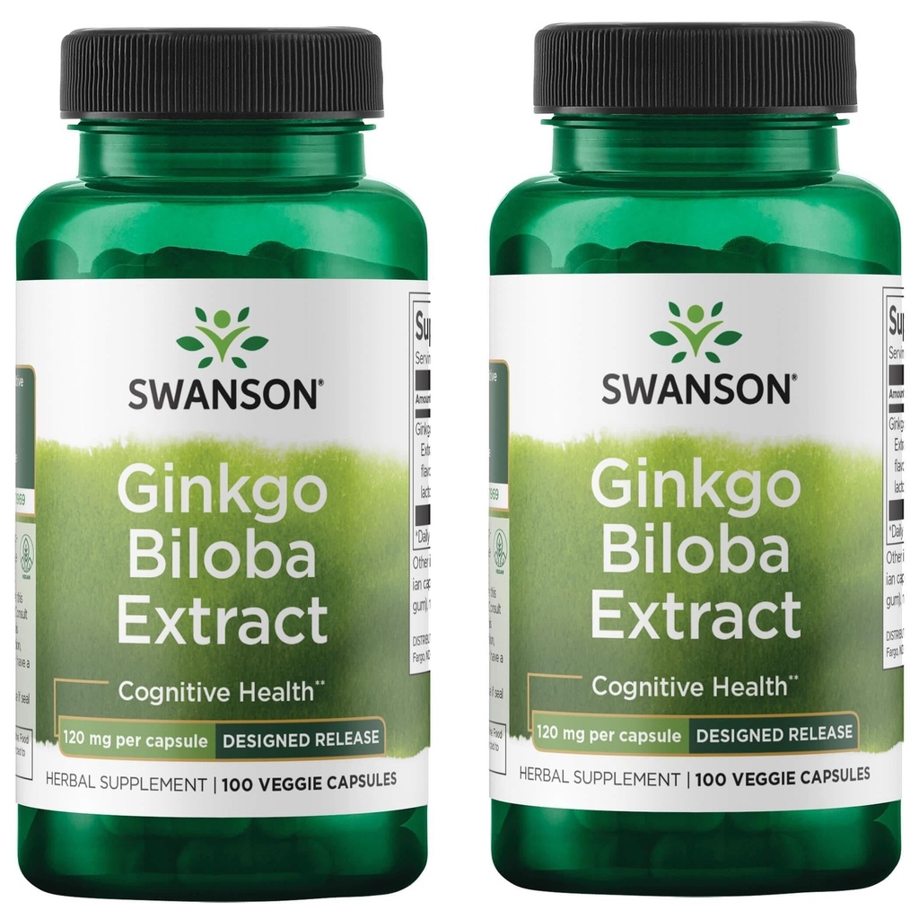 Swanson Ginkgo Biloba estratto Standardizzato Delayed-Release Memory Brain Cognitive Function Health Supplement 120 mg (24% glicosidi flavone, 6% Terpene lactones) 100 Veggie Drcaps (2 Pack)