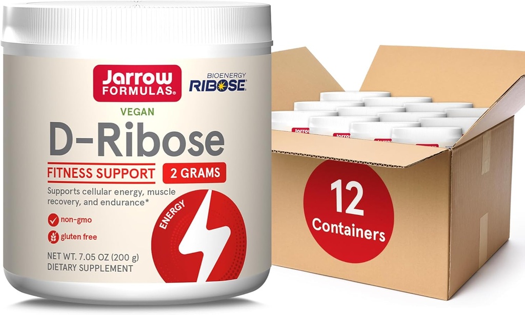 Jarrow Formulas D-Ribose Powder - 200g - Integratore alimentare Supporta il recupero del muscolo, l'energia e la resistenza - 100% puro - Vegan - Non-GMO - Approx. 90 Serve, Confezione da 12