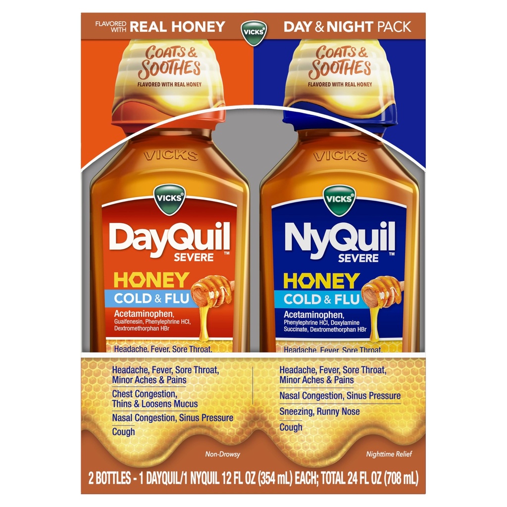 VICKS DayQuil & NyQuil SEVERE Miele Flavor Co-Pack, Cold & Flu Medicine, Allevia mal di testa, Febbre, Sore Throat, Minor Aches & Pains, Congestione nasale, Pressione del seno, Noso ripieno e tosse, 2x12oz