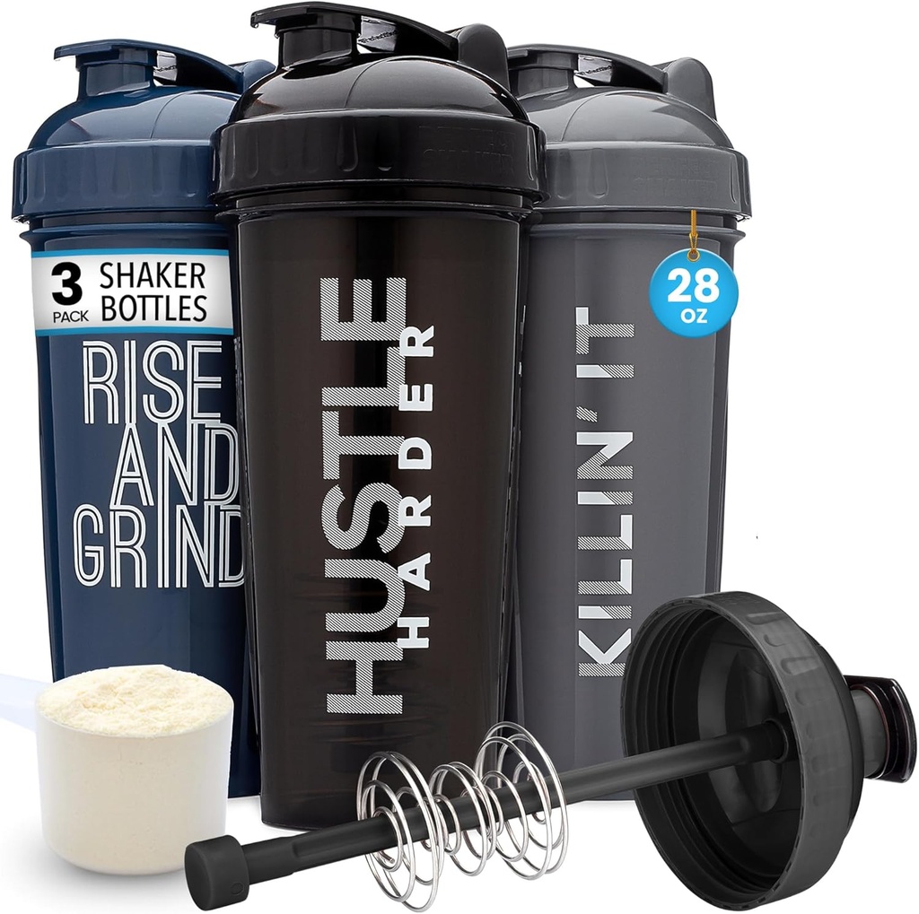 GOMOYO [3-Pack] 28 once Shaker Bottiglia con Azione-Rod Mixer | Protein Shaker Bottiglia con Citazioni Motivazionali | Shakers for Protein Shaker sono BPA Free e Lavastoviglie Safe | Argento, Blu, & Nero