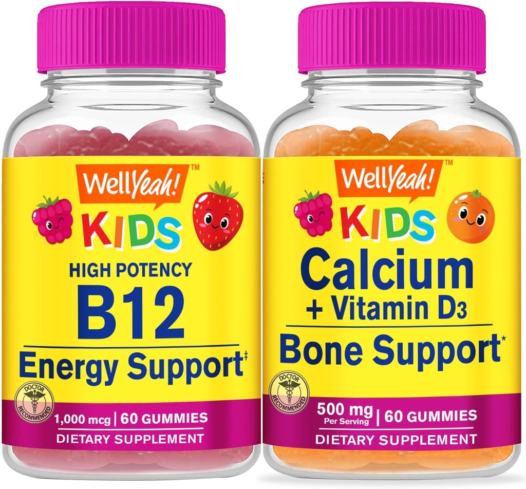 BeneSì Vitamina B12 Bambini + Calcio + Vitamina D3 Bambini, Gummies Bundle - Grande Degustazione, Supplemento di vitamina, Senza glutine, OGM libero, pancia masticabile