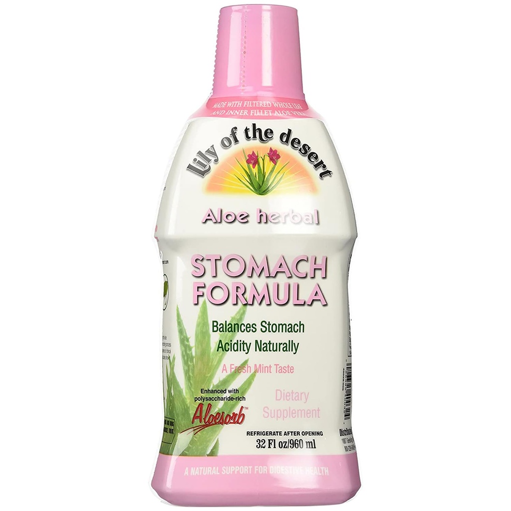 Lily Of The Desert Stomach Formula, Succo Organico Aloe Vera con Slippery Elm, camomilla, menta piperita e zenzero per Gut Health, Riflusso acido, Rilievo bruciore, 32 Oz