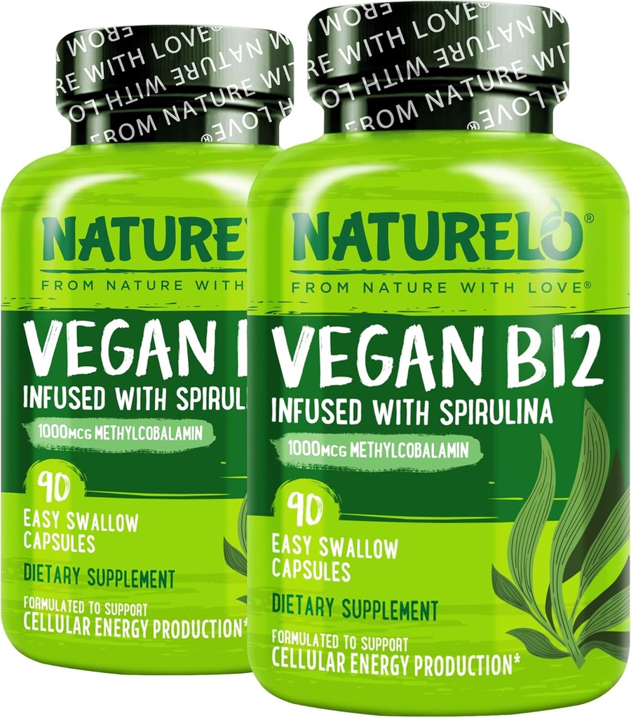 NATURELO Vegan B12 - Methyl B12 con Spirulina Organica - Alta Potenza Vitamina B12 1000 mcg Methylcobalamin - Supporta Mood sano, Energia, Cuore e salute degli occhi - 90 capsule (Pack of 2)