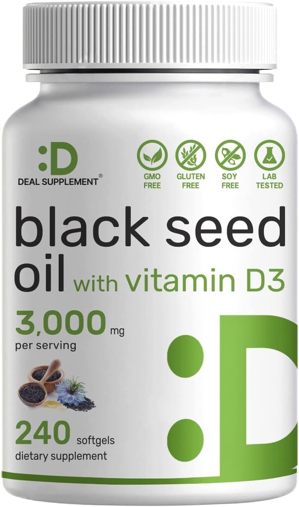 DEAL SUPPLEMENTO Olio di semi neri, 240 Softgels – Nigella Sativa a freddo, Naturally Occurring Thymoquinone (TQ) – Non OGM, No Gluten – Nero Cumin Seed Liquid Capsule con Vitamina D3
