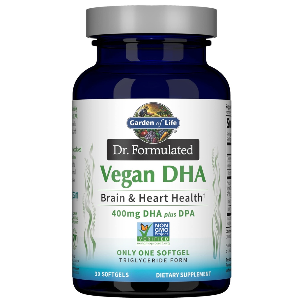 Giardino della vita Omega 3 Vegan DHA Supplementi Dr. Formulated Vegan DHA, 400mg DHA & 90mg DPA in forma di trigliceride da un'unica fonte, Omega 3 supplemento per la salute delle donne e degli uomini, 30 Softgels
