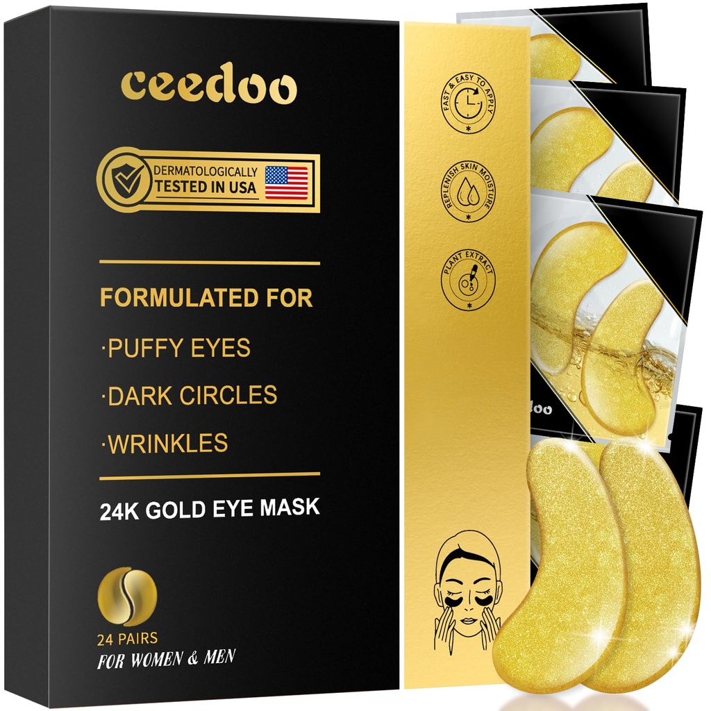 Sotto Eye Patches - 24 Coppie Maschera d'Oro sotto Occhio per Occhi Puffy, Cerchi Oscuri, Borse Occhiali, Bevande, Collage Occhi Gel con Trattamento ringiovanente, Regali per Donne