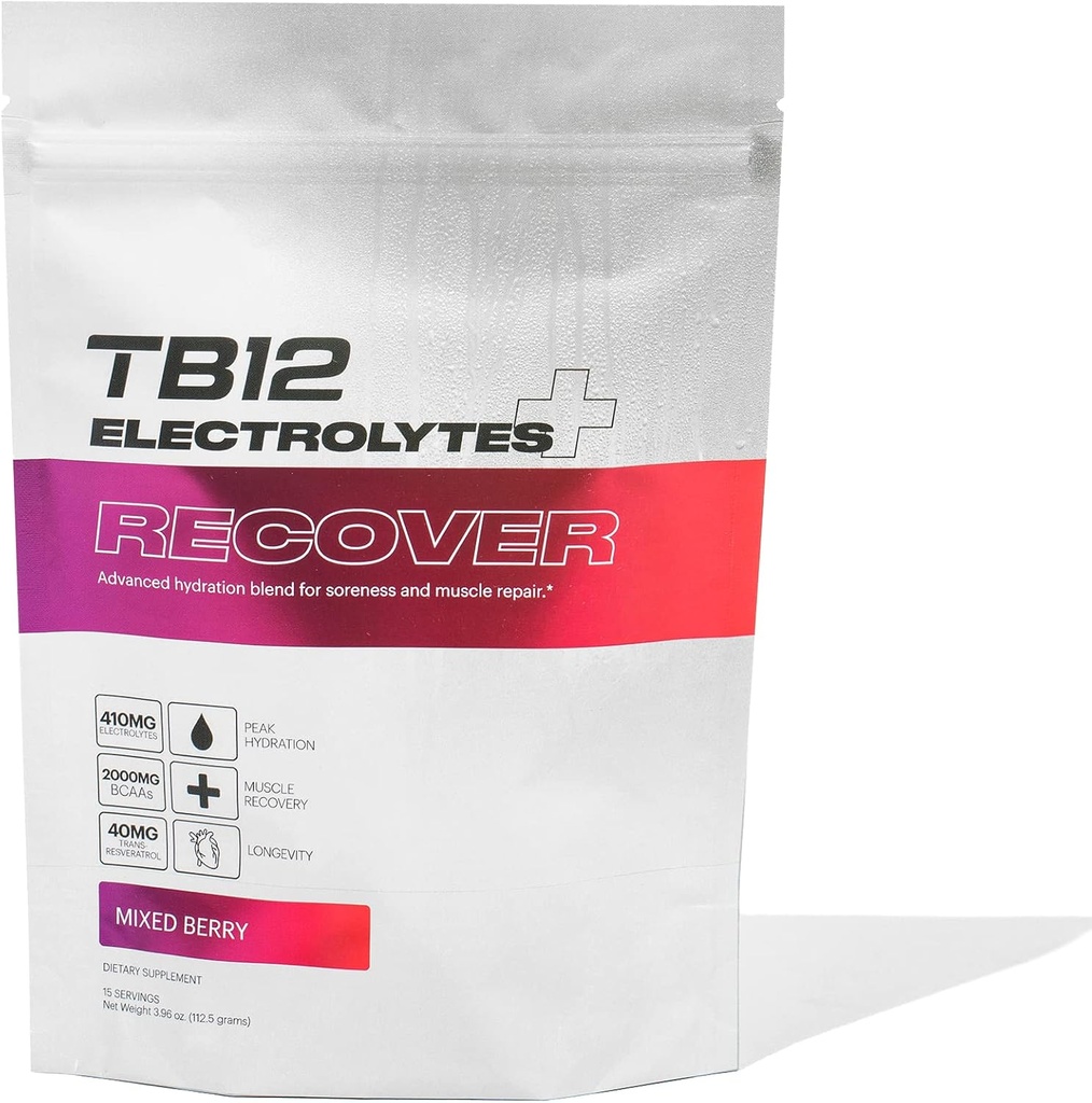 TB12 Electrolytes Plus Recover - Post-Workout Electrolytes Powder with Functional Recovery Ingredients | Tart Cherry, L-Glutamine, BCAA | Recupero muscolare & Soreness Relief | Sugar Free, Non OGM