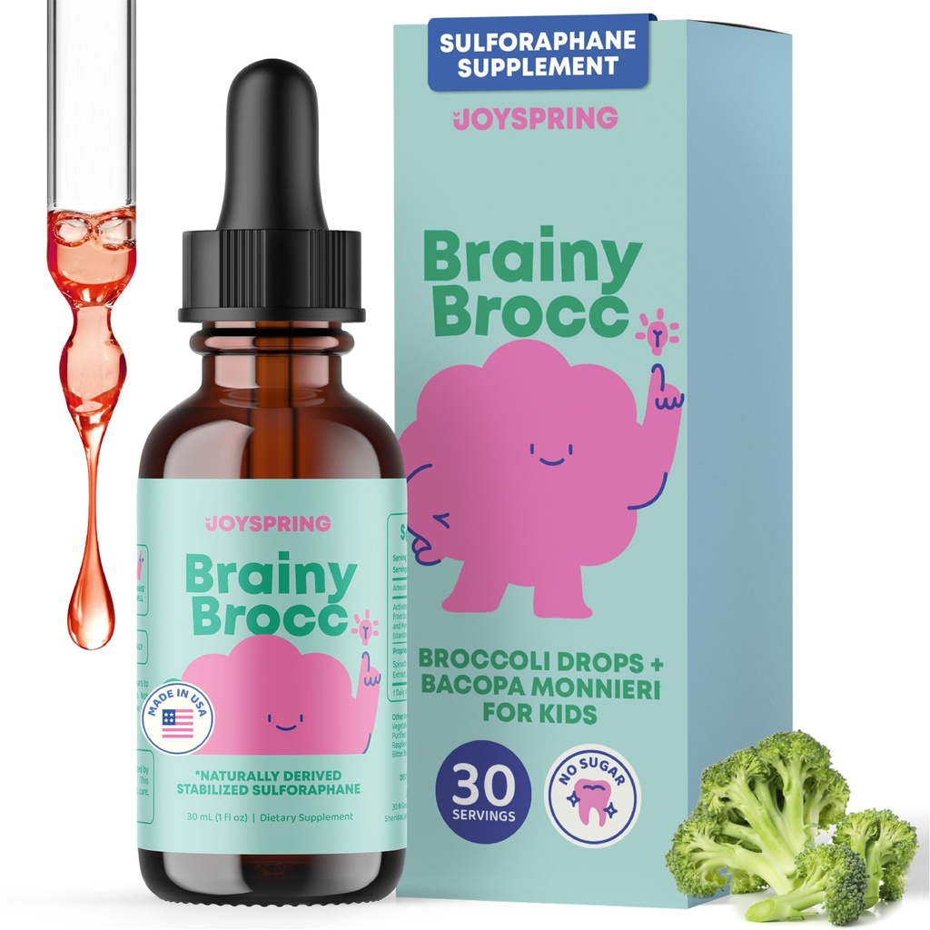 JoySpring Broccoli Supplemento per bambini | Sulforaphane & Bacopa Monnieri Gocce | Supporti Funzione cognitiva | Vegan & Kid-Friendly