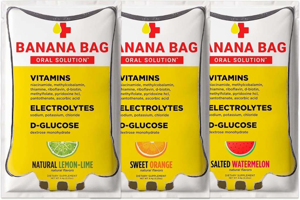 Banana Bag Oral Solution Packets – Variety Pack 30pk | Una miscela rinfrescante di elettroliti, vitamina C e B-Complex | Realizzata per l'idratazione e un aumento quotidiano in qualsiasi momento, a casa, lavoro o su The Go