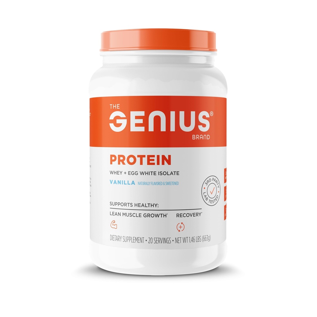 Polvere di proteina di genio, Vanilla - Miscela di proteine doppia con l'isolato di siero di latte e l'uovo naturale bianco per la costruzione magra del muscolo per gli uomini e le donne - la sostituzione del meal pre e post di erba