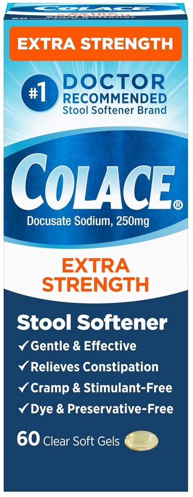 Ammorbidente dello sgabello di resistenza supplementare di Colace per il sollievo di costipazione efficace di Gentle, #1 Dottore Raccomandato Sgabello Softener Brand, 250 mg Docusate Capsule, 60 Conte (Pack di 1)
