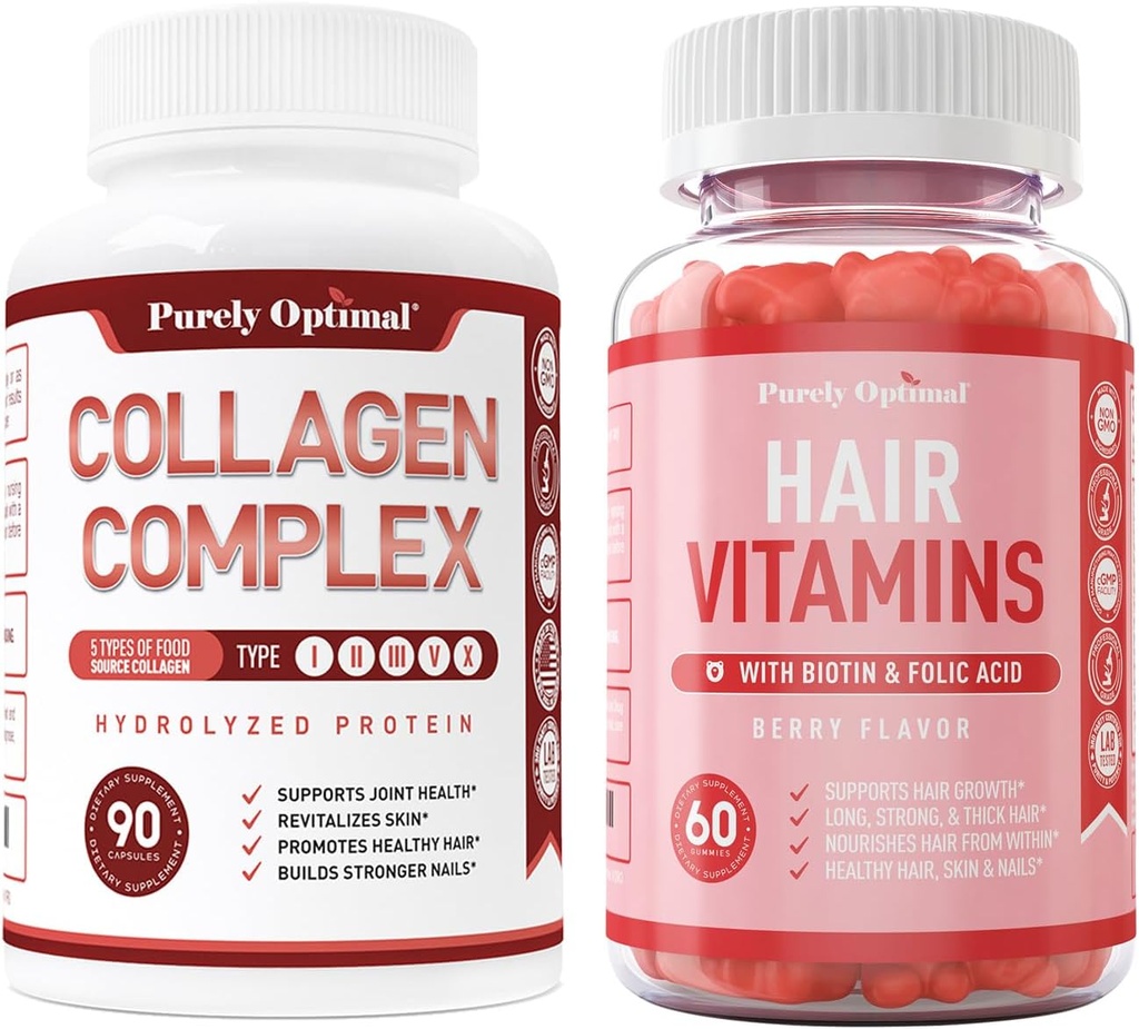 Capsule Peptidi Multi Collagen Premium puramente ottimali (Tipi I, II, III, V, X) + Vitamine Premium Capelli Supplemento-Gummy Vitamine w/Biotin, Acido Folico, Vitamine A&D