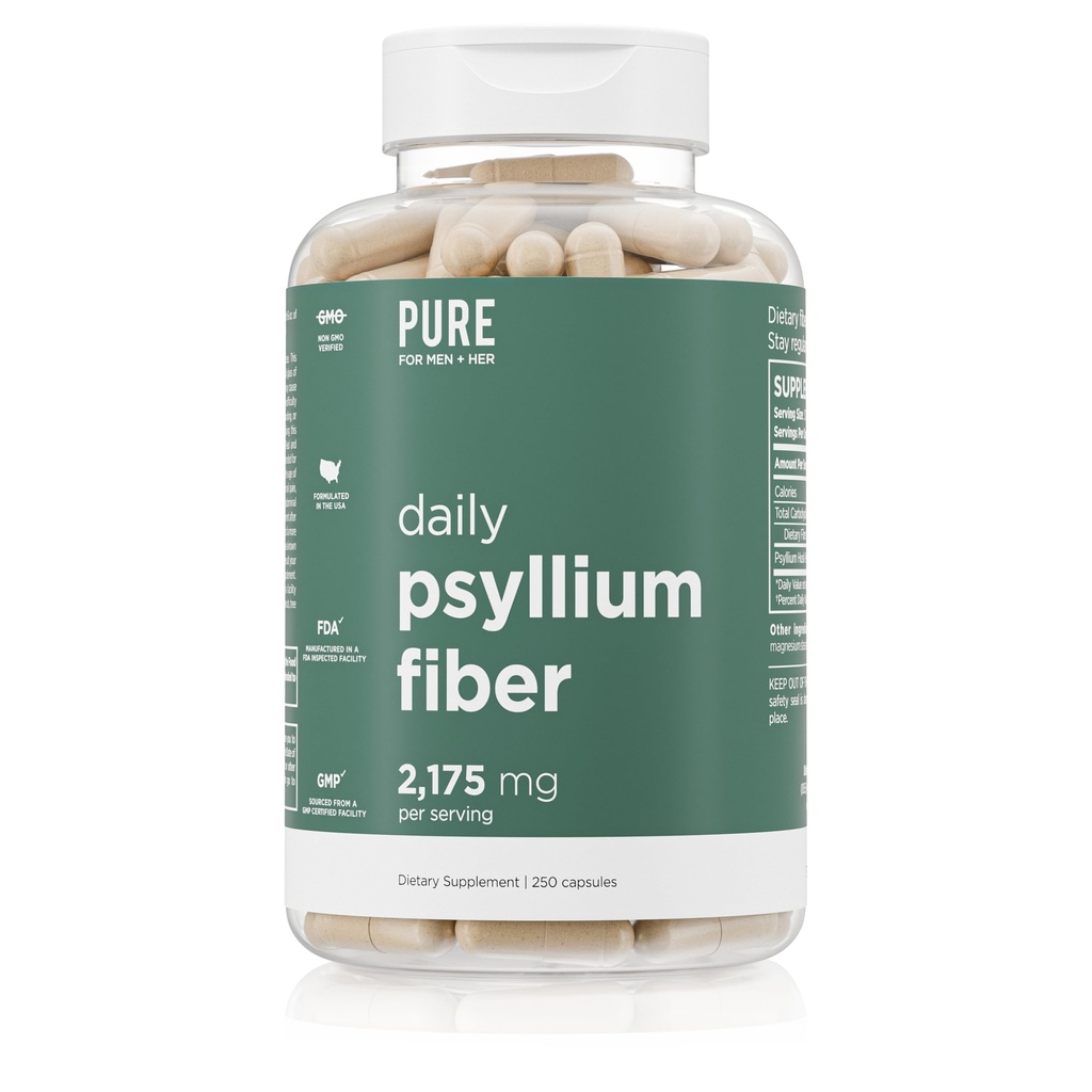 Pure per gli uomini Daily Psyllium Husk Fiber Supplemento puro per il suo | Regolarità digestiva & Gut Health Support | Polvere solubile di fibra, 2,175mg per il servizio | 250 capsule