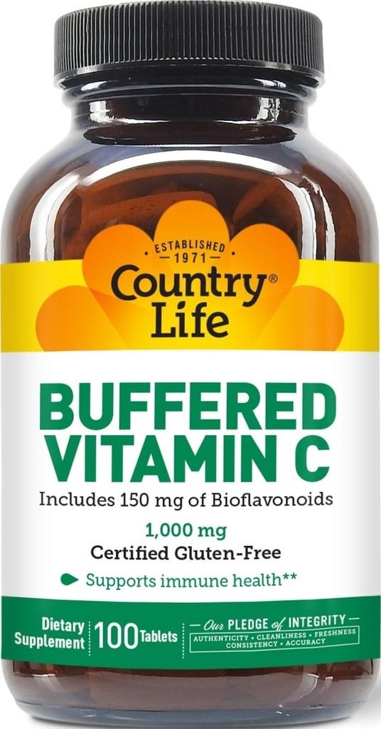 Country Life Buffered Vitamin C 1000mg con Bioflavonoidi, Calcio, Magnesio, Potassio - Supporto Immune, Capsule Vegan, Senza Glutine, Genere su Stomach - 100 compresse