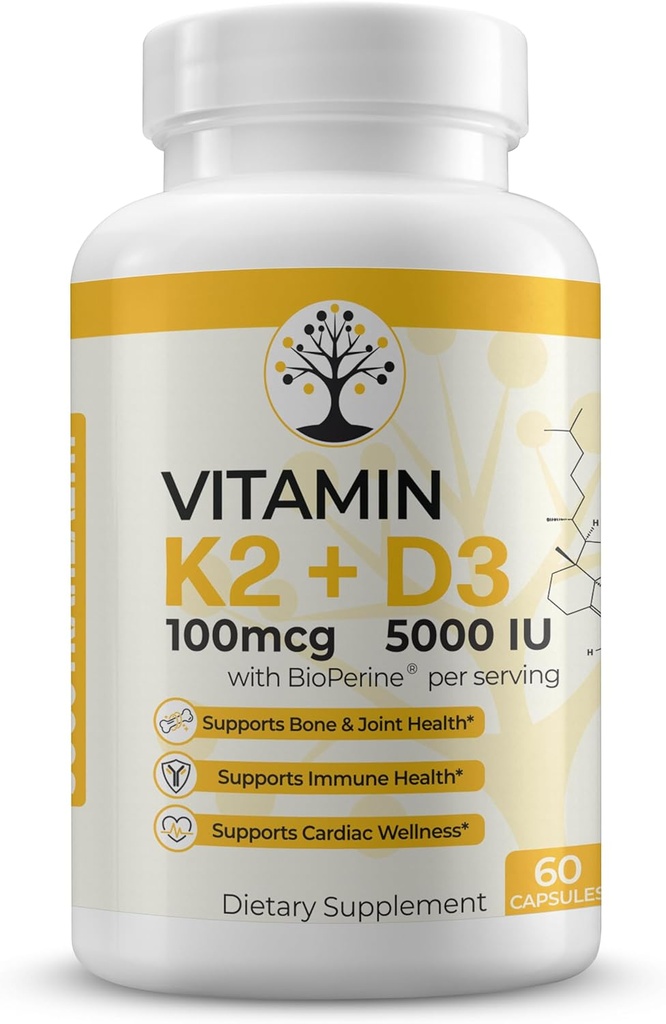 Vitamina D3 K2 Supplemento, 5000 IU - Supporta benessere immunitario e cardiac, alta potenza, senza glutine, 60 capsule