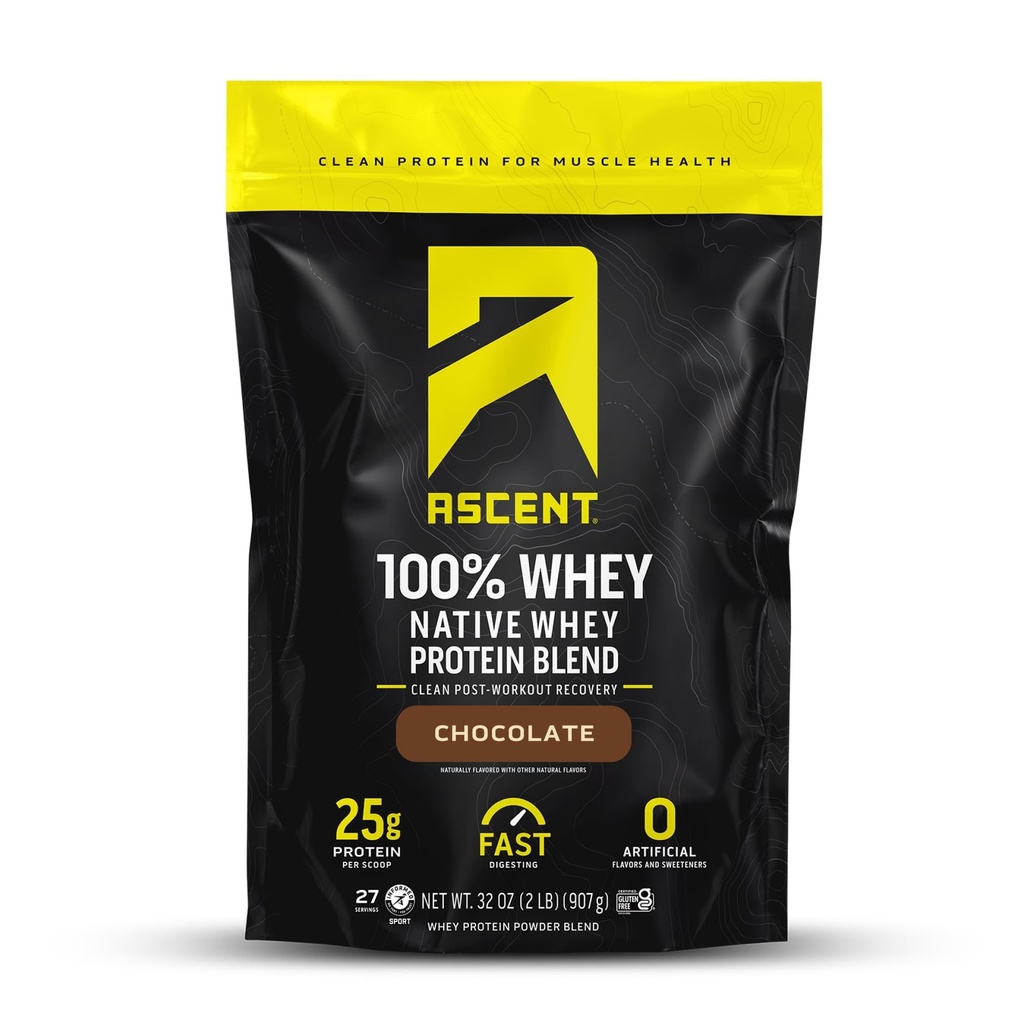 Ascesa 100% polvere di proteine del siero di latte - Isolato di proteine del siero post-allenamento, aromi e dolcificanti artificiali zero, senza glutine, 5.5g BCAA, 2,6g leucina, aminoacidi essenziali, cioccolato 2 lb