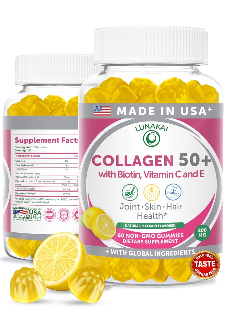 Lunakai USA Made Collagen Gummies for Women & Men Over 50, Biotin & Vitamina C, Supporta elasticità della pelle, Hair & Nail Strength, Supporto congiunto, 60ct
