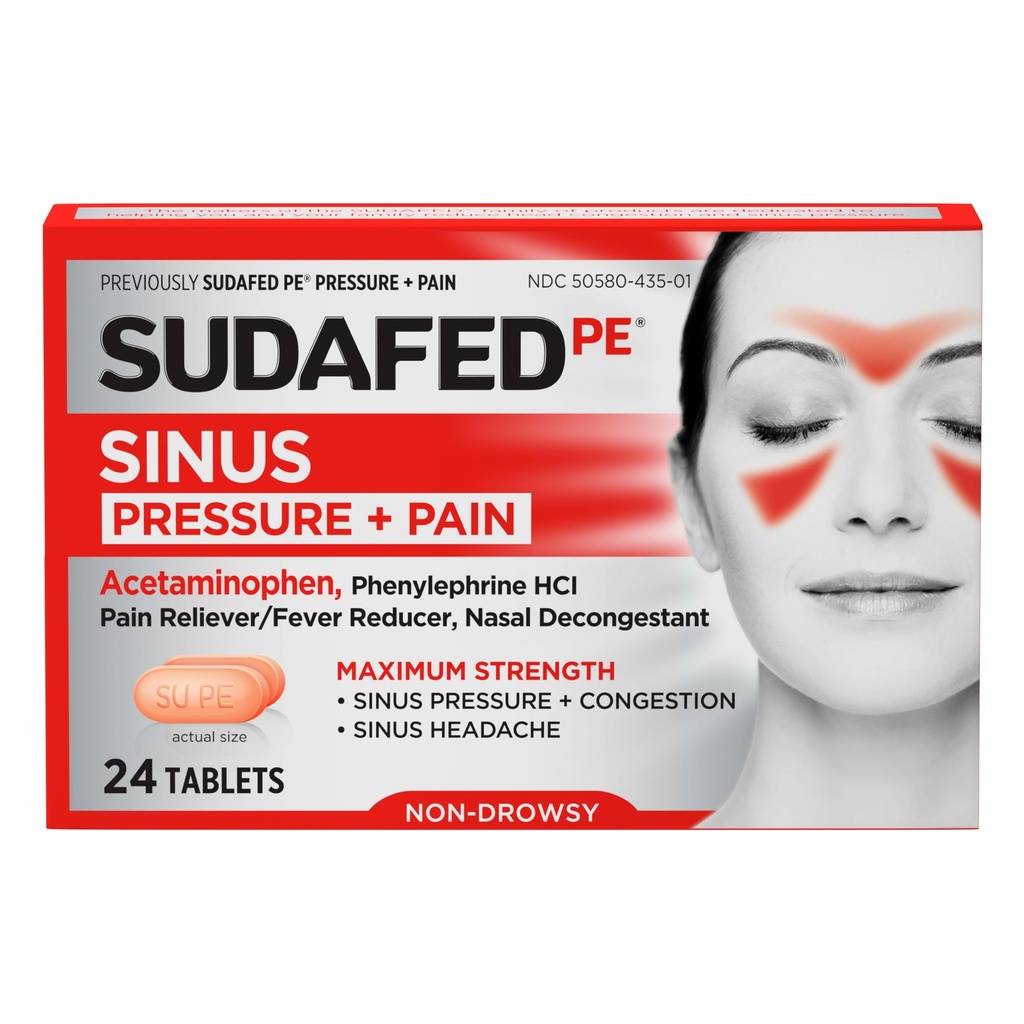 Compresse di dolore e pressione del seno del PE improvvisi, resistenza massima, non sonnolenza, OTC Sinus Relief Medicine con Acetaminophen Pain Reliever & Phenylephrine HCl Nasal Decongestant, 24 ct